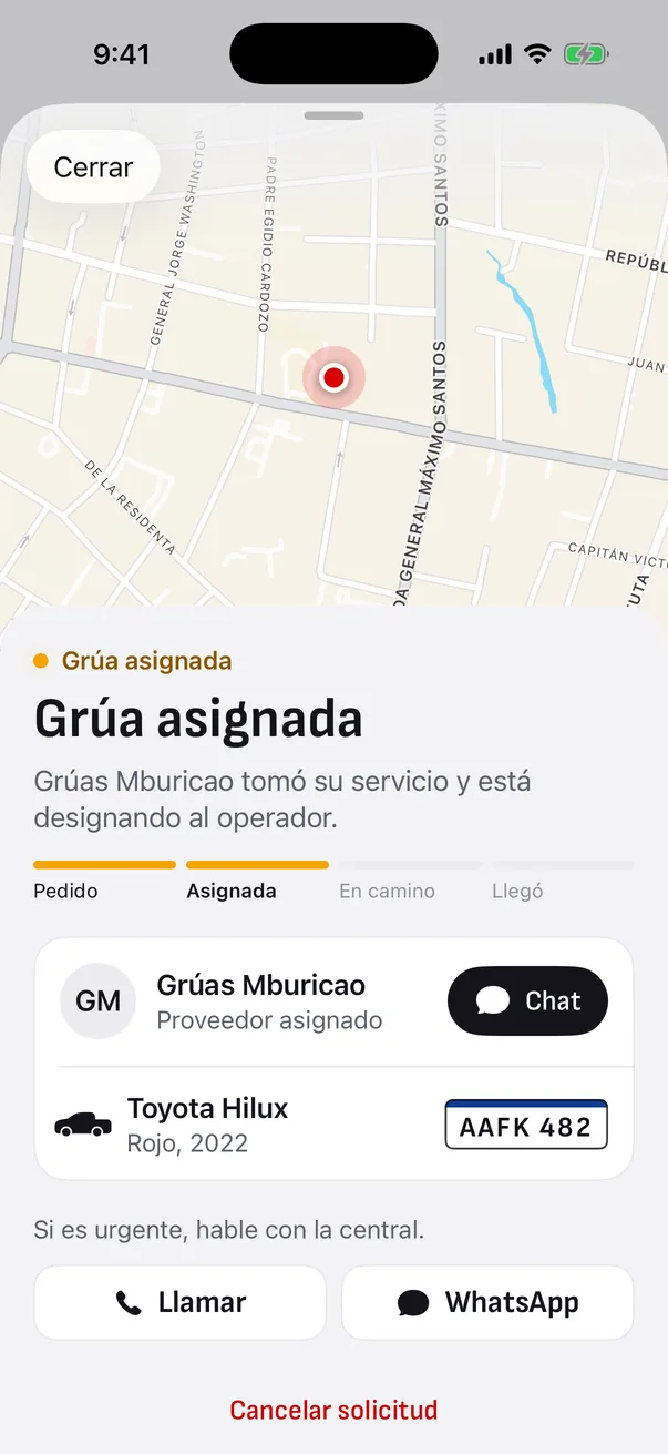 Pantalla con la grúa asignada y los datos del conductor