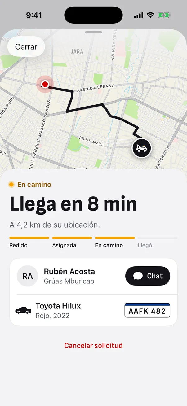 Mapa con la grúa en camino